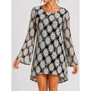 Blu Pepper Floral Lace Bell Sleeve Tunic Dress Boho Black Cream M
